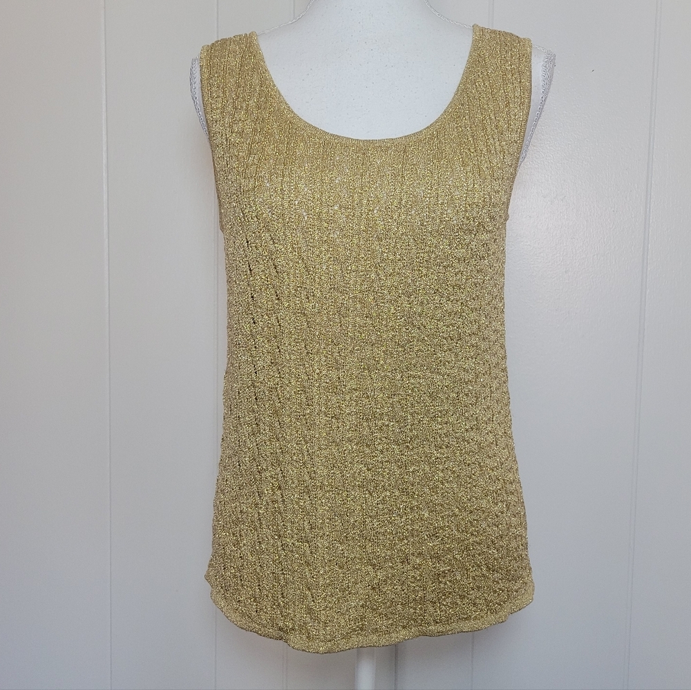 Cache Gold Metallic Yarn Sleeveless Top Rayon Cable Knit 90s Y2K Evening Glam SM